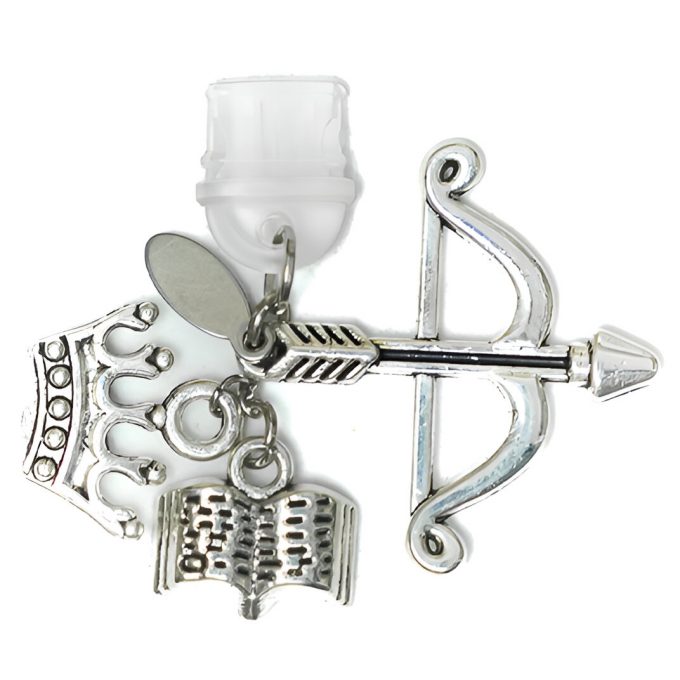 Bow DustCharm From Blood and Ash featuring silver bow, crown, and book pendants
