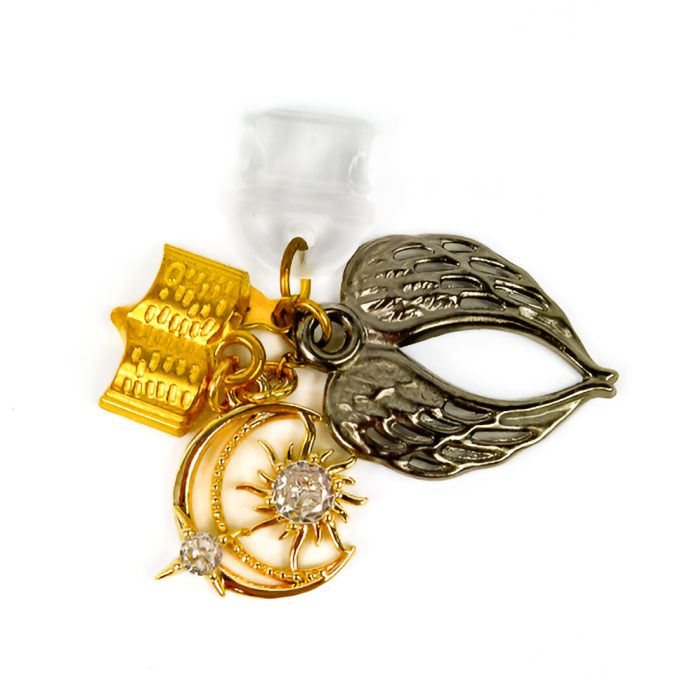 Hunt DustCharm Crescent City featuring gold wings, crescent moon, star, and book pendants