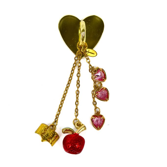 Golden stickycharm with three pink hearts an dred apple. Omce upon a broken heart inspired charms