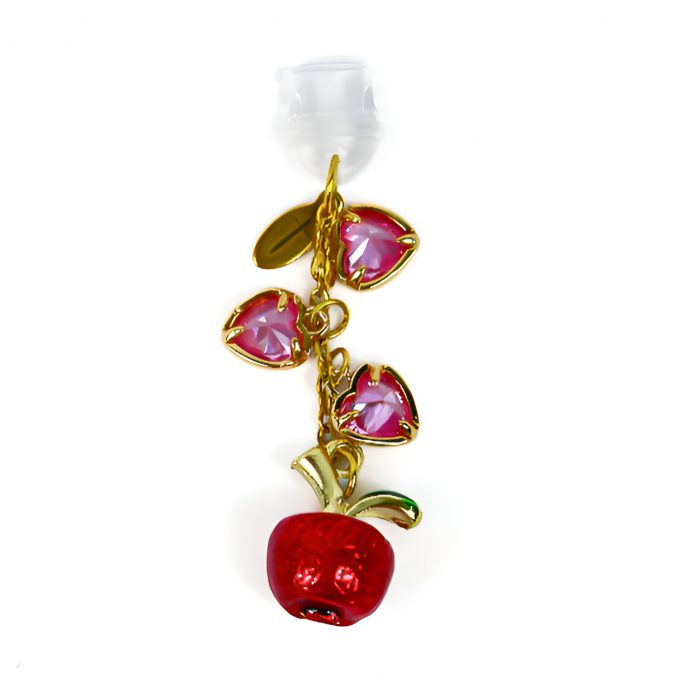 Golden dustcharm with three pink hearts an dred apple. Omce upon a broken heart inspired charms