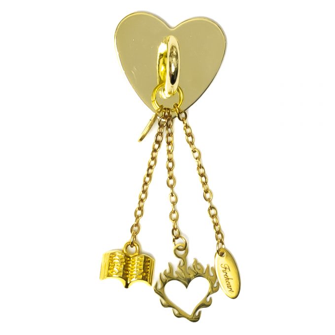 Fireheart StickyCharm Throne of Glass with flaming heart, Fireheart tag, and book.