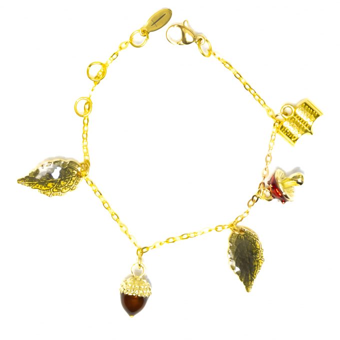 Acorn, mushroom, leafs and book golden charms