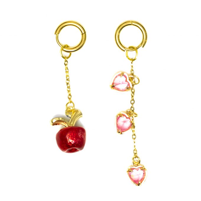 Golden earrings with red apple and three pink hearts