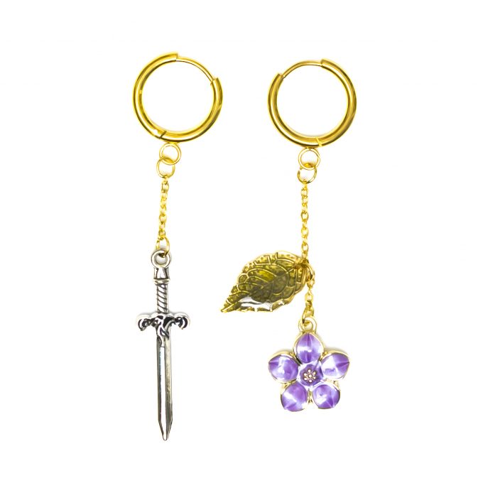 Golden earrings with lilac flower and a dagger