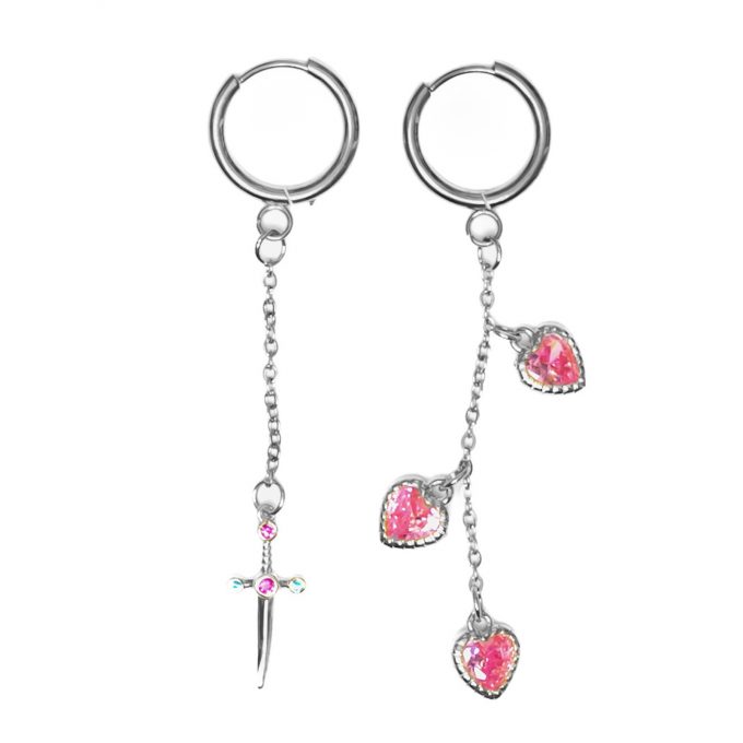Silver earrings with three pink hearts and a dagger