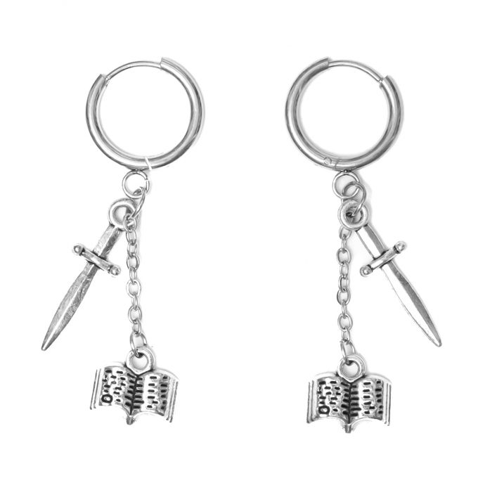 Silver earrings with dagger and book