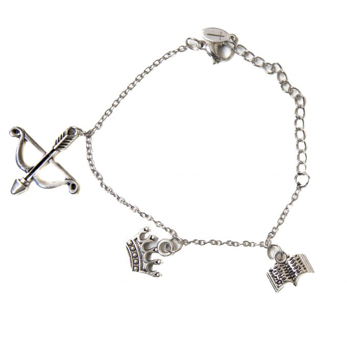 Bracelet with charms featuring a bow, a crown and a book