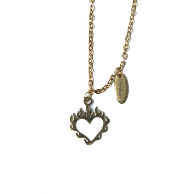 Golden fireheart necklace with engraved tag