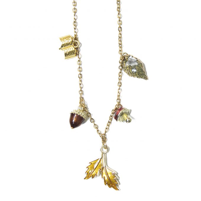 Golden charms featuring a red mushrom, leafs and an acorn.
