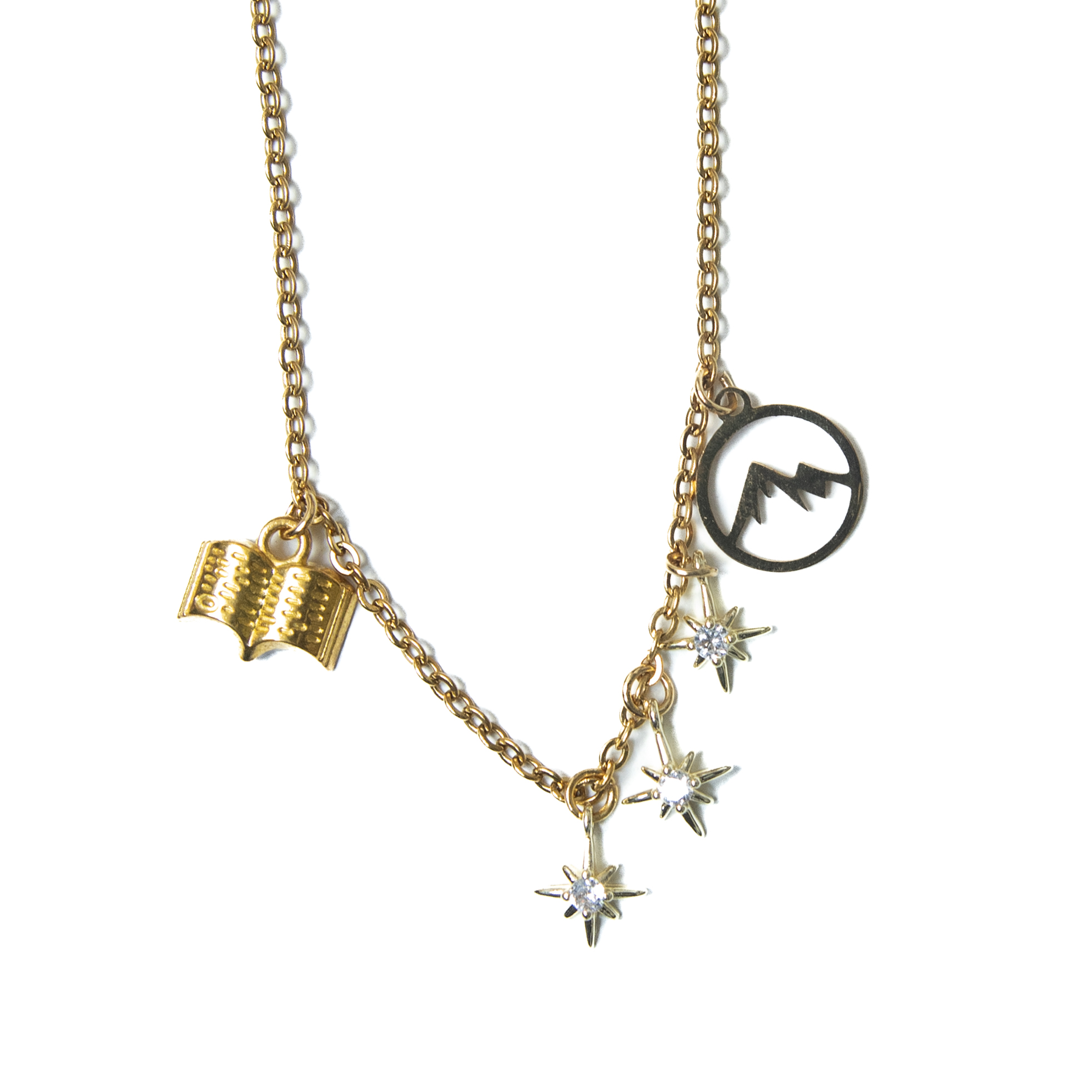 Golden mountain, stars and book. Velaris Necklace