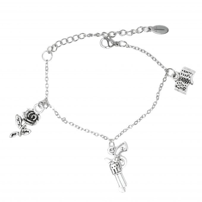 Bracelet with charms featuring a rose, a pistol and a book.